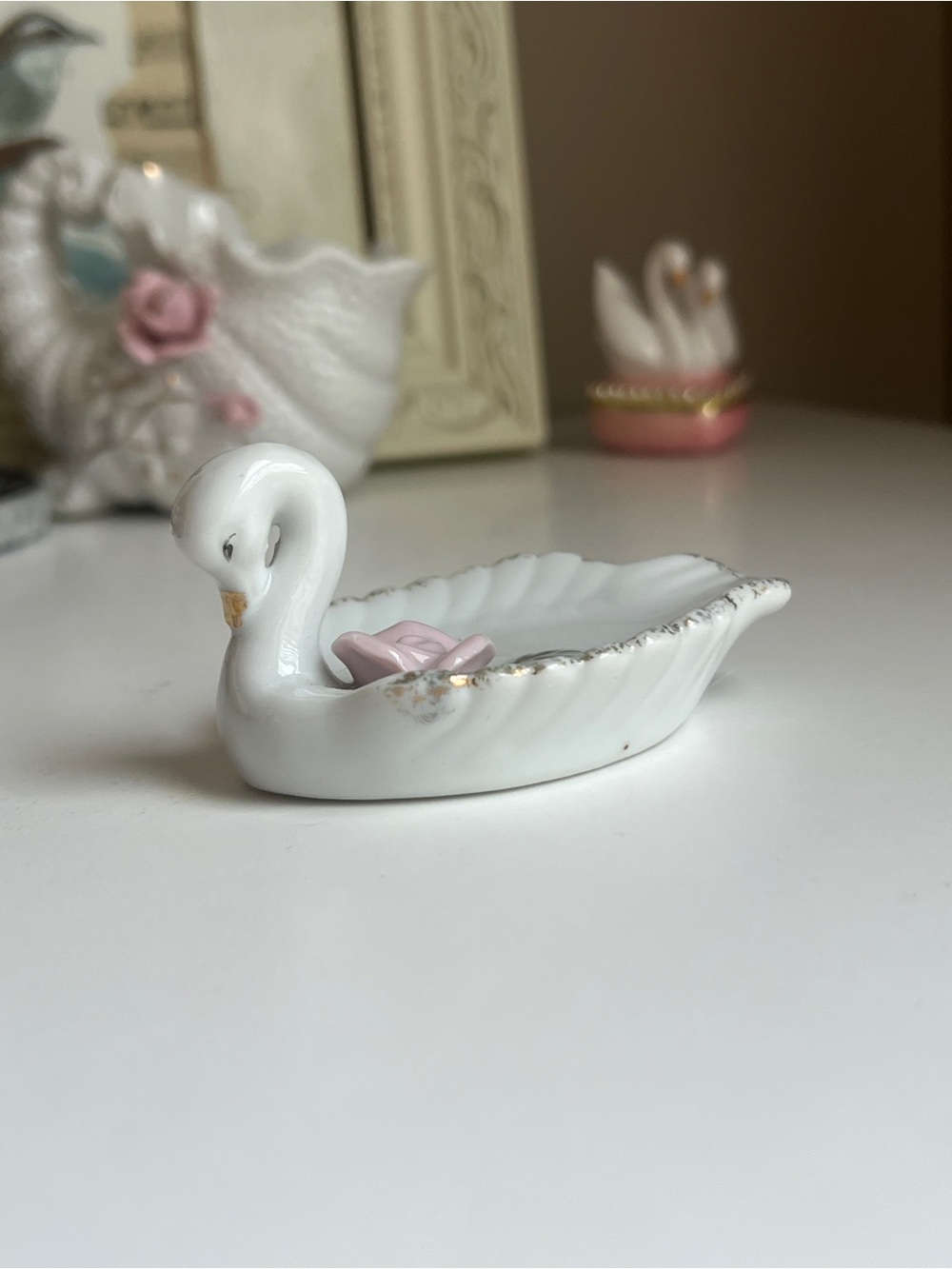 White Ceramic Swan Dish with Pink Accent - Home Accents